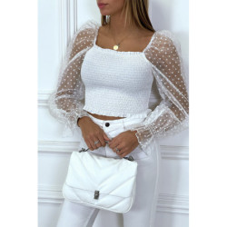 Crop top blanc plissé à élastique et manches en tulle bouffantes plumetis