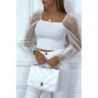 Crop top blanc plissé à élastique et manches en tulle bouffantes plumetis