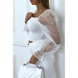 Crop top blanc plissé à élastique et manches en tulle bouffantes plumetis