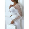 Crop top blanc plissé à élastique et manches en tulle bouffantes plumetis
