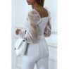 Crop top blanc plissé à élastique et manches en tulle bouffantes plumetis