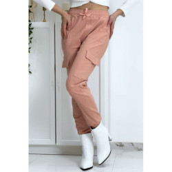 Pantalon treillis rose en strech avec poches