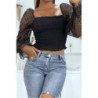 Crop top noir plissé à élastique et manches en tulle bouffantes plumetis