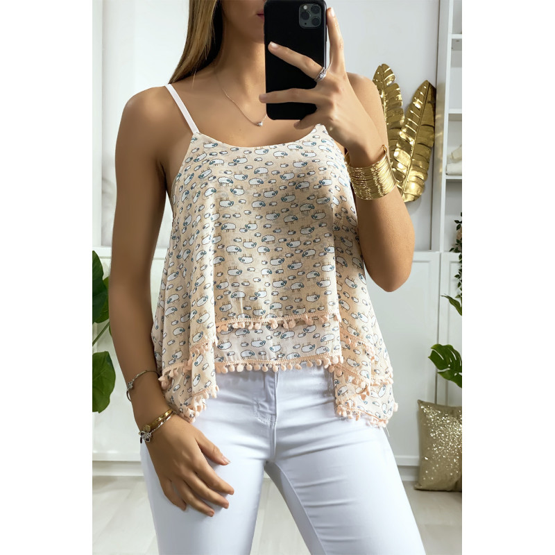 Débardeur rose à volant avec motif et mini pompon