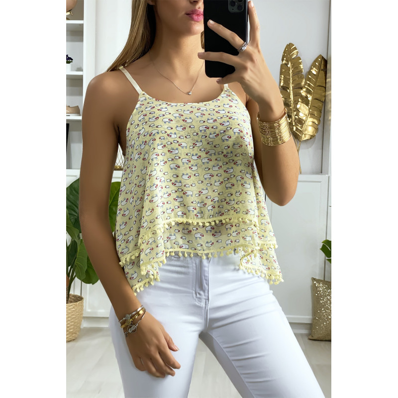 Débardeur jaune à volant avec motif et mini pompon