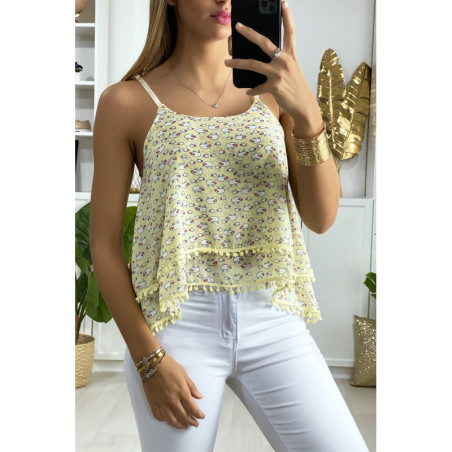 Débardeur jaune à volant avec motif et mini pompon