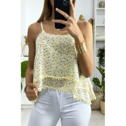 Débardeur jaune à volant avec motif et mini pompon