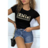T-shirt noir manches courtes, avec écriture dorée "Eléia" et imprimés