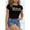 T-shirt noir manches courtes, avec écriture dorée "Eléia" et imprimés