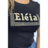 T-shirt noir manches courtes, avec écriture dorée "Eléia" et imprimés