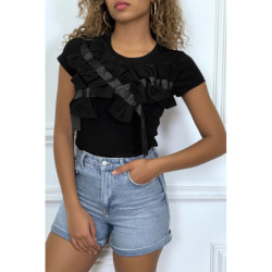 T-shirt noir manches courtes, avec des noeuds