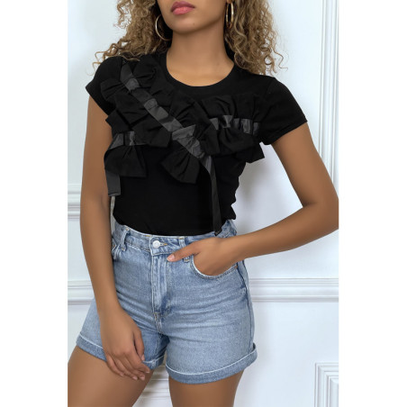 T-shirt noir manches courtes, avec des noeuds