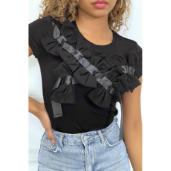 T-shirt noir manches courtes, avec des noeuds