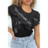 T-shirt noir manches courtes, avec des noeuds