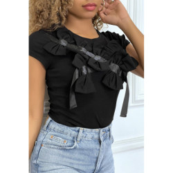 T-shirt noir manches courtes, avec des noeuds