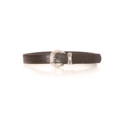 Ceinture marron effet crocro avec boucle à strass argentée et passant en forme de noeud. Accessoire PVC