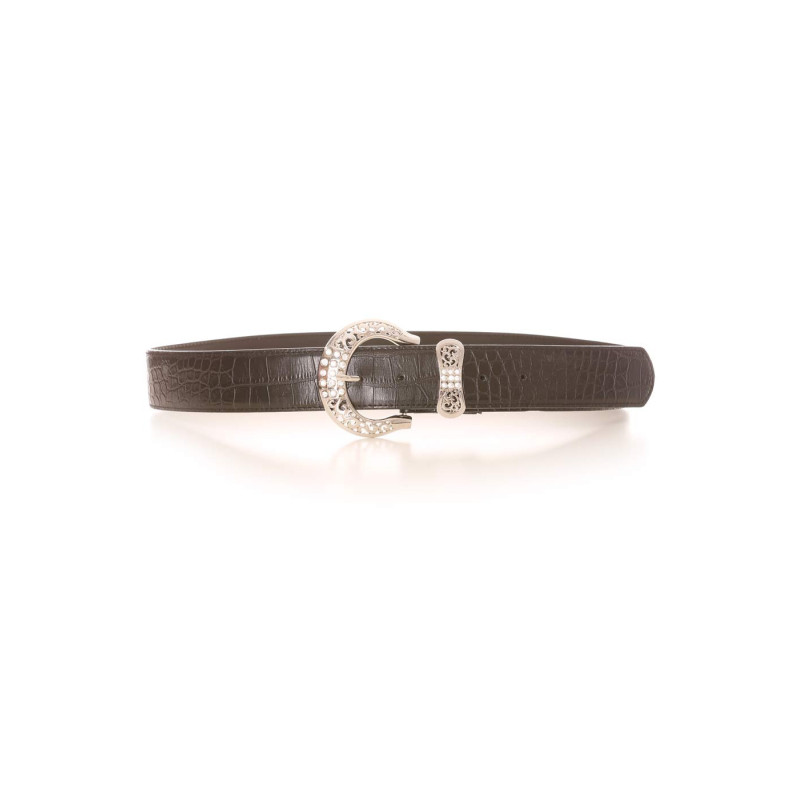 Ceinture marron effet crocro avec boucle à strass argentée et passant en forme de noeud. Accessoire PVC