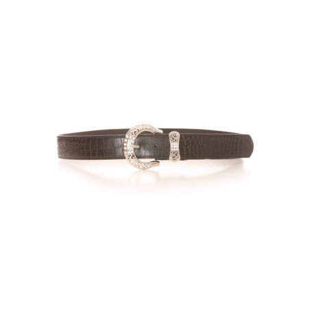 Ceinture marron effet crocro avec boucle à strass argentée et passant en forme de noeud. Accessoire PVC
