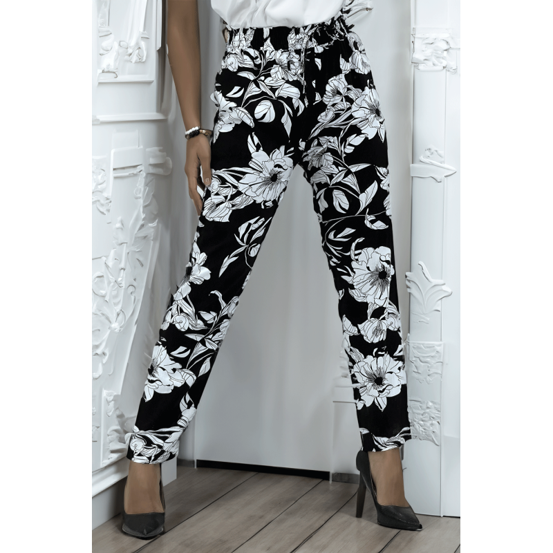 Pantalon fluide marine à motif floral B-54