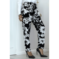Pantalon fluide marine à motif floral B-54
