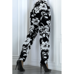 Pantalon fluide marine à motif floral B-54