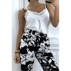 Pantalon fluide marine à motif floral B-54