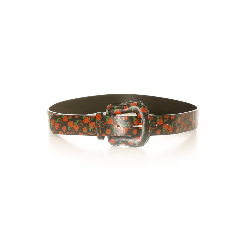 Ceinture noire à boucle, motifs fraises. BG-P008