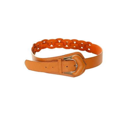 Ceinture tressée Camel asymétrique à boucle argentée. BG-0517