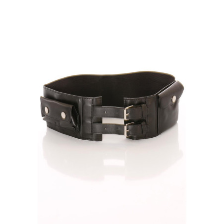 Ceinture noire large, double boucle et pochettes accessoires. D7235