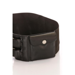 Ceinture noire large, double boucle et pochettes accessoires. D7235