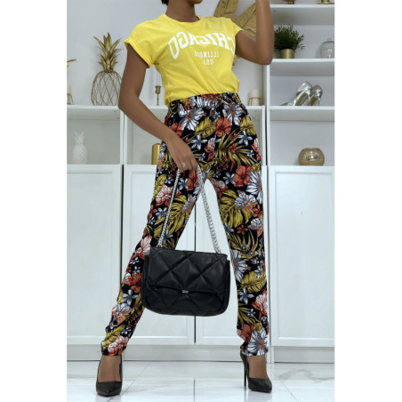 Pantalon fluide moutarde à motif floral B-59