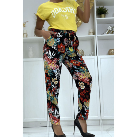 Pantalon fluide noir à motif floral B-59