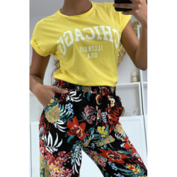 Pantalon fluide noir à motif floral B-59