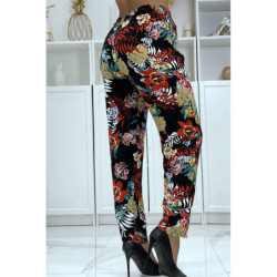 Pantalon fluide noir à motif floral B-59