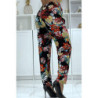 Pantalon fluide noir à motif floral B-59