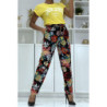 Pantalon fluide noir à motif floral B-59