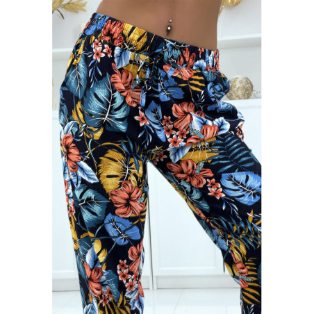 Pantalon fluide marine à motif floral B-59