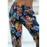 Pantalon fluide marine à motif floral B-59