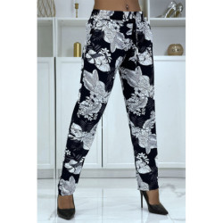 Pantalon fluide marine à motif floral B-47