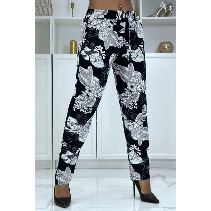 Pantalon fluide marine à motif floral B-47
