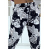 Pantalon fluide marine à motif floral B-47