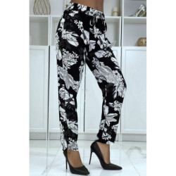 Pantalon fluide noir à motif floral B-47