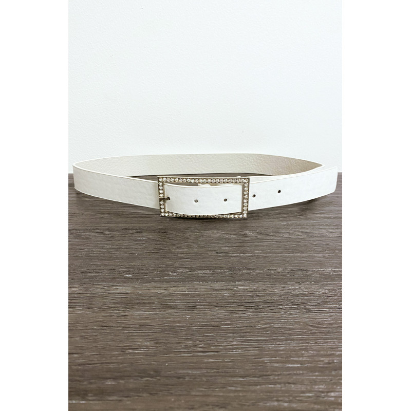 Ceinture blanche en simili avec boucle rectangulaire ornée de strass