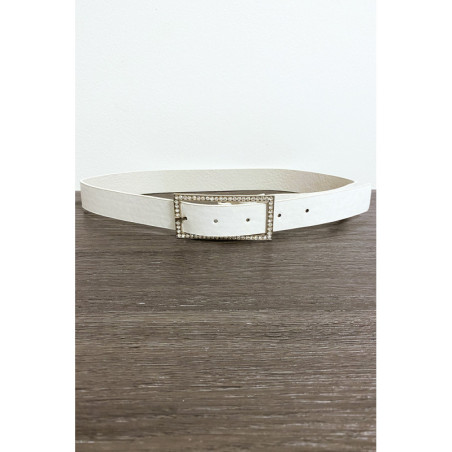 Ceinture blanche en simili avec boucle rectangulaire ornée de strass
