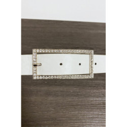 Ceinture blanche en simili avec boucle rectangulaire ornée de strass