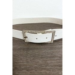Ceinture blanche en simili avec boucle rectangulaire ornée de strass