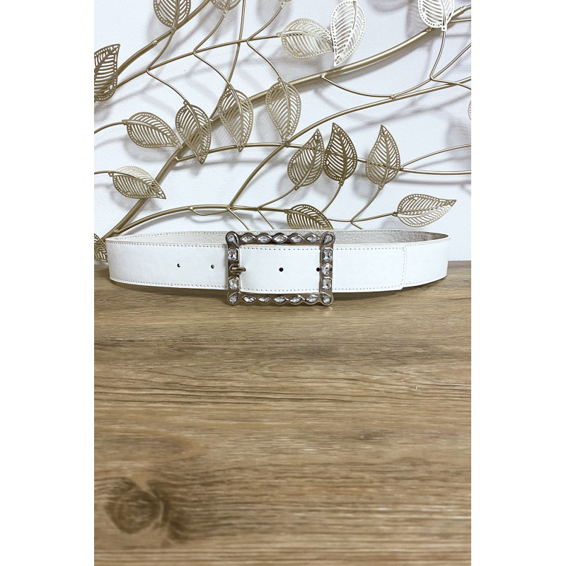 Ceinture blanche boucle rectangulaire ornée de strass