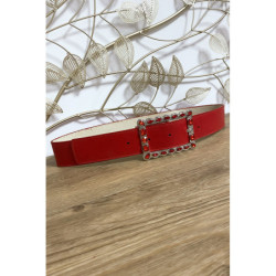 Ceinture rouge boucle rectangulaire ornée de strass