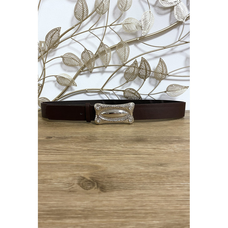 Ceinture marron en simili avec boucle rectangulaire argenté