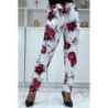 Pantalon fluide blanc à motif floral B-11